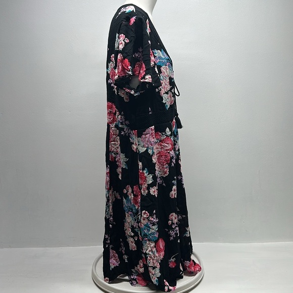 Torrid Skater Dress Mini Gauze Floral V-Neck Lace Up Black Pink Plus Size 1X - Picture 4 of 8